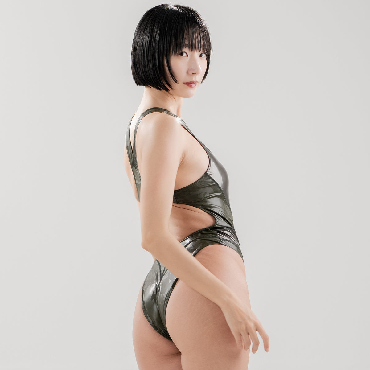 【REALISE】Mixed enamel Swimsuit（mixed materials）(N-900Quoted-OLV-KW) extra image